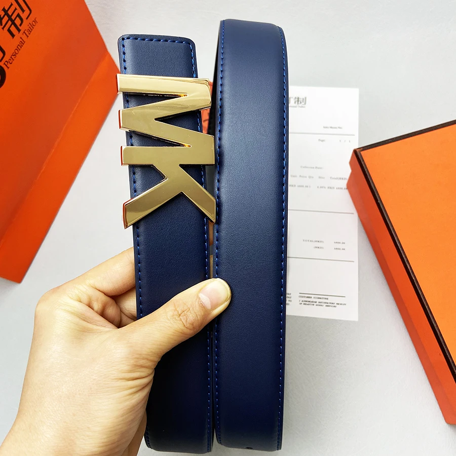 حزام رسمي للرجال Premium 2025 - حزام من الجلد الطبيعي باللون الأزرق الداكن مع إبزيم فضي مصقول + طقم عرض برتقالي