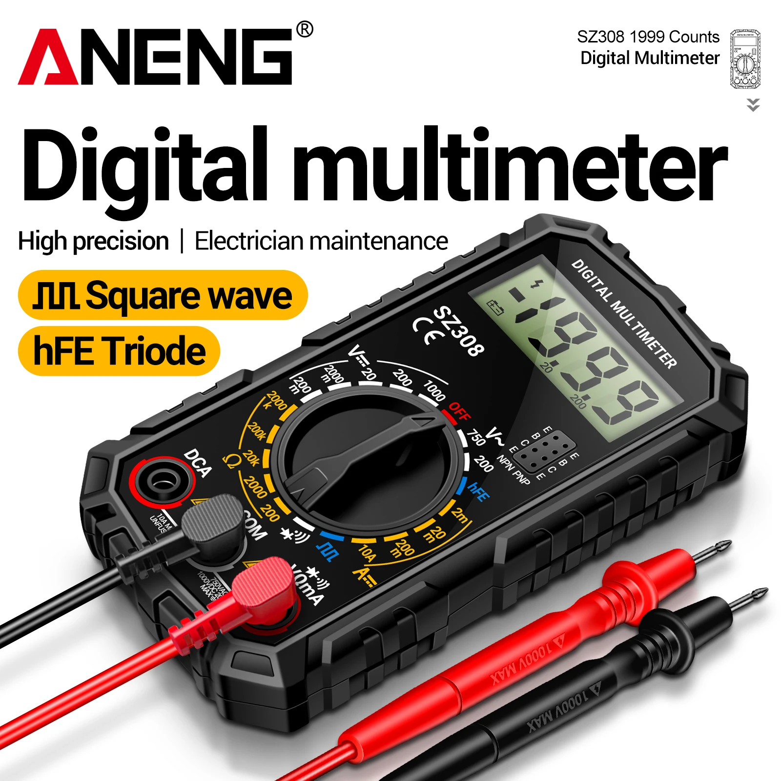 ANENG SZ308 Square Wave Digital Tester 1999 Counts HFE Triode Buzzer Multimeter AC/DC Voltage 10A Current Multimeters Meter Tool