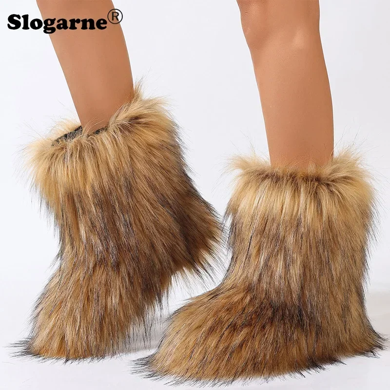 Y2K Fluffy Mid-calf Boots Winter Women Fashion Snow Boots Warm Cotton Shoes Ladies Faux Raccoon Fur Boots Furry Platform Shoes