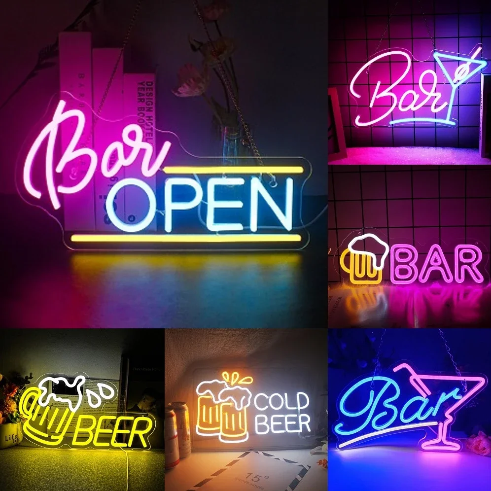 Open Bar & Beer Neon Sign - Electric Pub Decor for Taverns, Home Bars, Party Basements, and Brew-Themed Spaces  LED Lights
