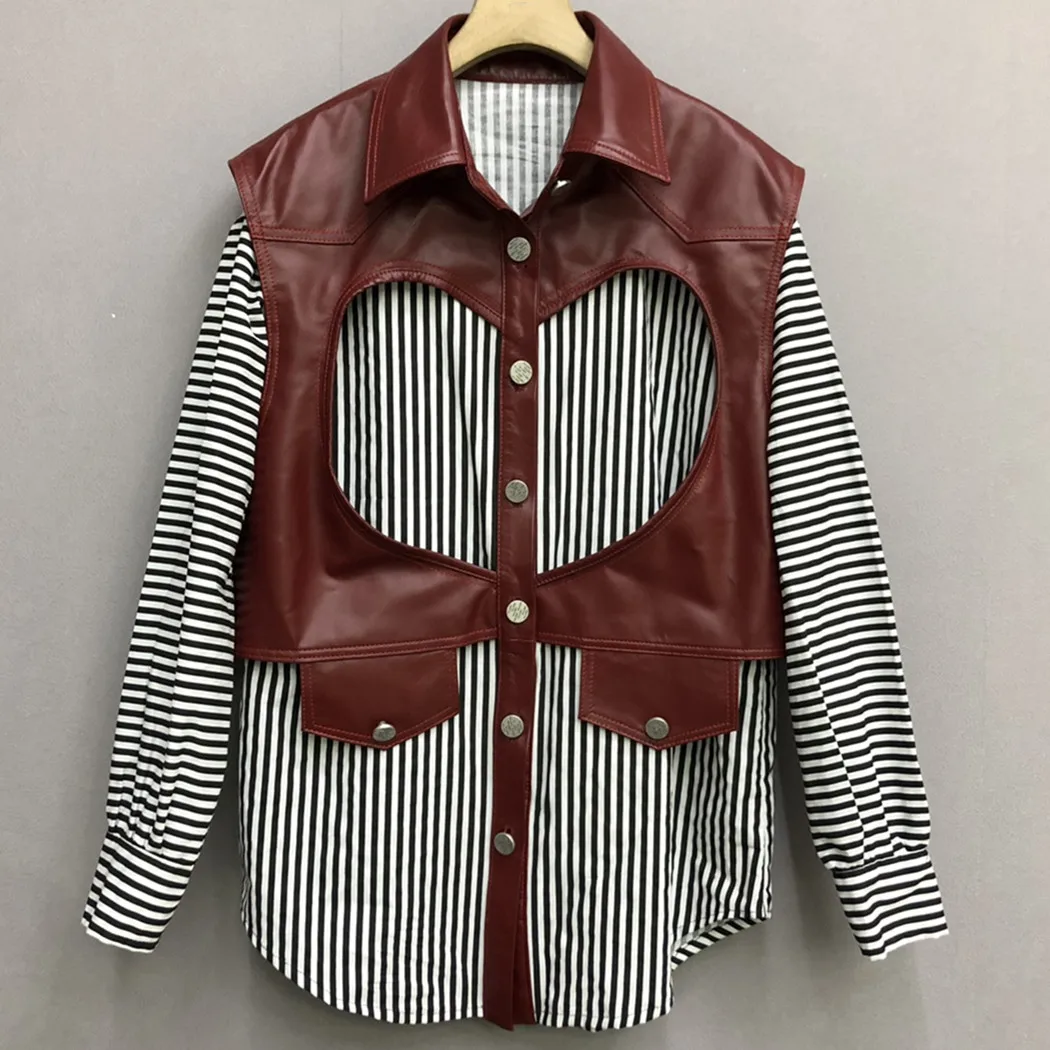 

Women's Genuine leather patchwork striped Shirt Loose Patchwork Heart Fake 2 Pcs Single Breasted Black Striped Blouse 2023