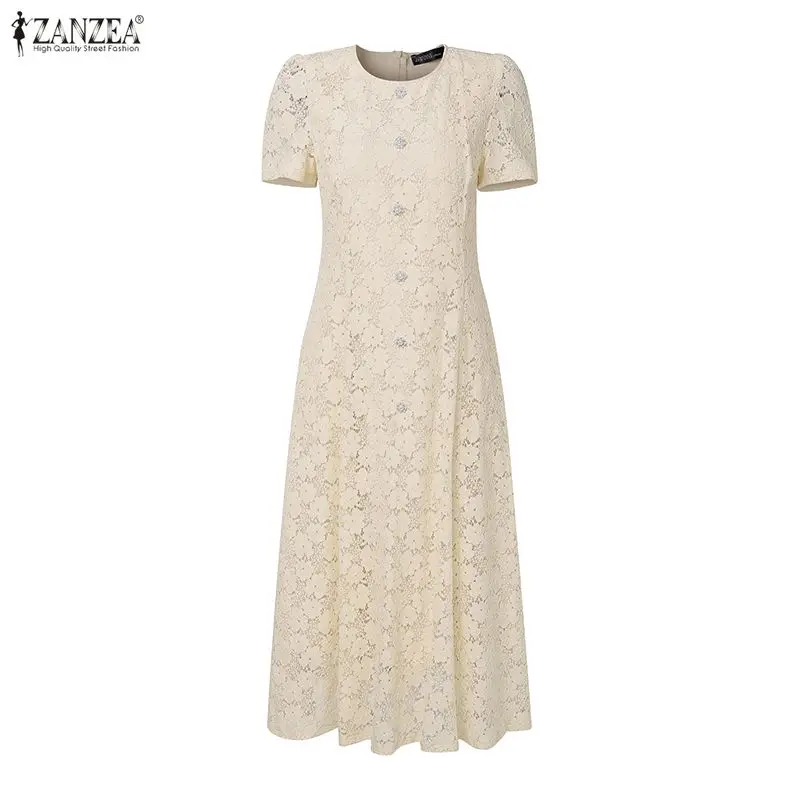 ZANZEA Sommer Spitzen-Patchwork-Sonnenkleid Damen Elegantes Besticktes Partykleid 2026 Modisches Kurzarm-Tailliertes Kleid Midi-Robe