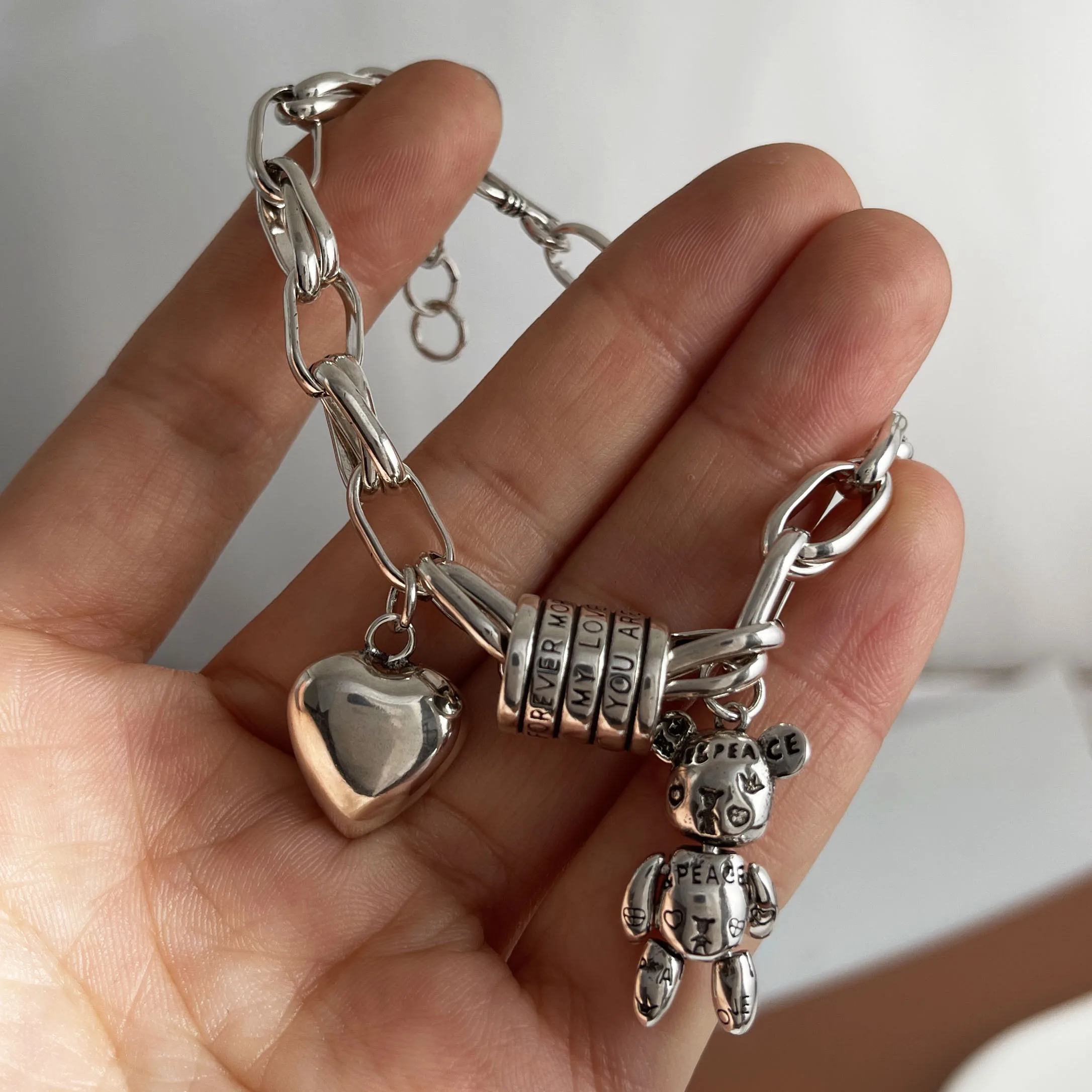 Gelang Retro Perak Murni 925 Solid 100% untuk Wanita Pria Gelang Hati Buatan Tangan Antik Hadiah Ulang Tahun