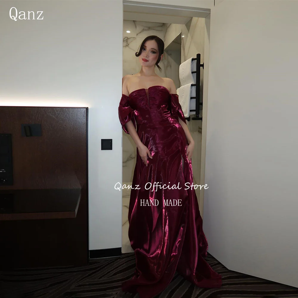 

Qanz Burgundy Satin Women's Formal Evening Gowns Off The Shoulder Long A Line Prom Dress Backless Robes De Soirée Customized