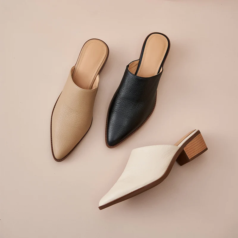 FEDONAS Retro Office Lady Women Pumps Thick Heels Elegant Mature Casual Pointed Toe Slippers Genuine Leather Spring Summer 2024