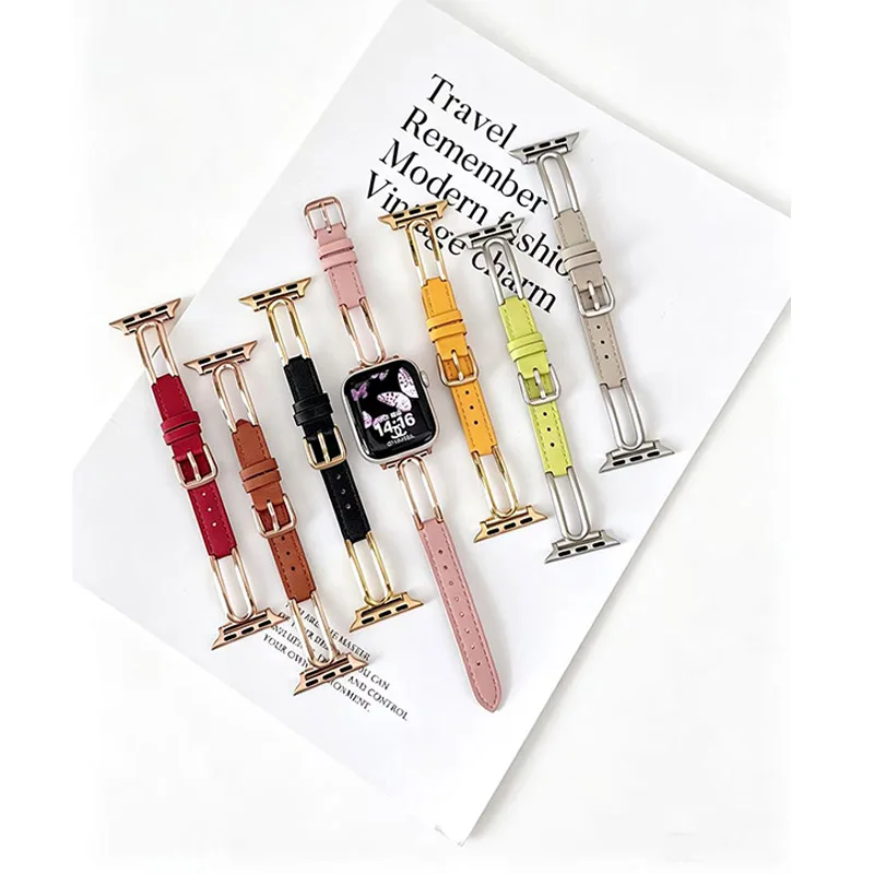 Women Strap For Apple Watch Series Ultra /11/10/9/8/7/SE/6/5 iWatch 49/46/42/45/41/44/40 MM Fashion Leather U-shaped Metal Band