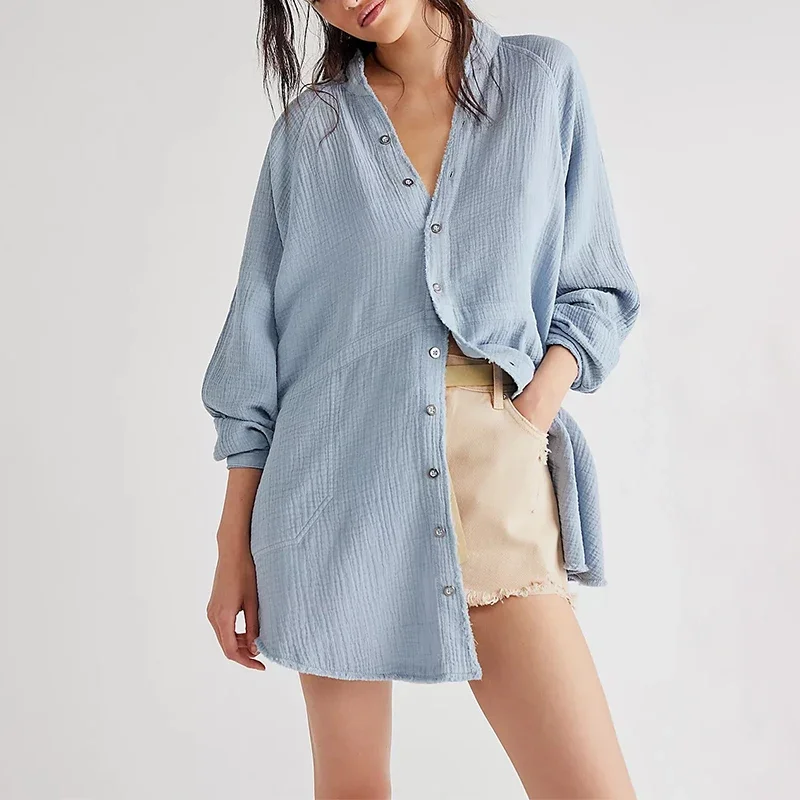 100% Cotton Muslin Oversize Shirt Loose Casual Solid Button Up Long Sleeeve Top Blous Elegant 2024 Summer Fashion Woman Blouses