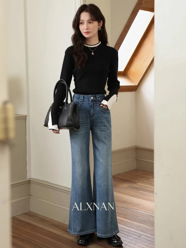 

ALXNAN Women's Jeans Light Color High-waisted Trousers Loose Fit 2025 New Autumn Commuting Versatile Female Flared Pants L57516