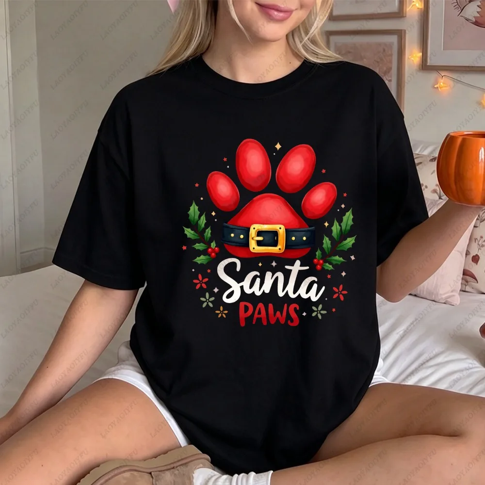 Santa Paws Christmas Dog Paw Holly Berry Belt Print Women Pet Lover Xmas Holiday Short Sleeve Winter Cute Dog Mom Party Tee