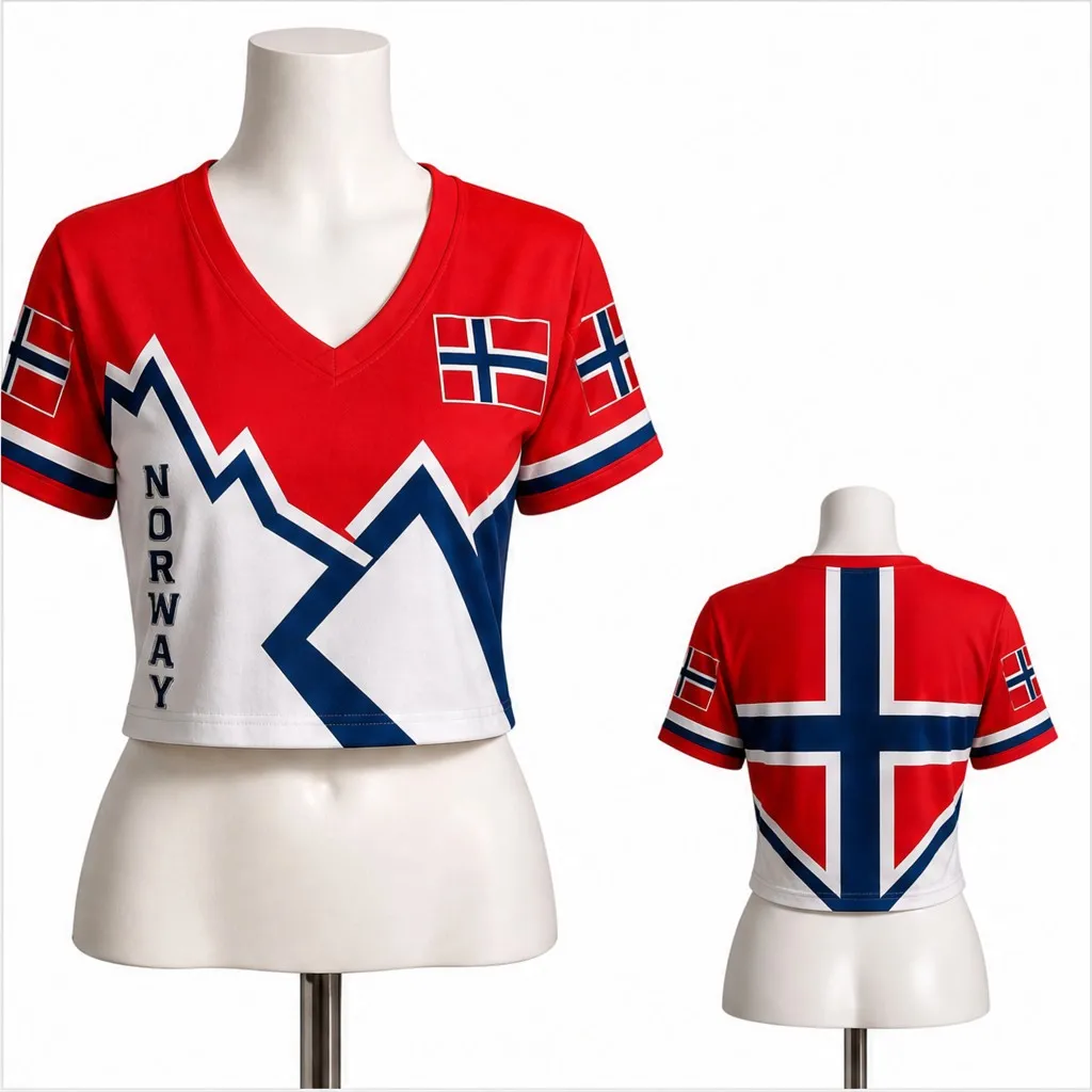 Womens V Neck Cropped Tee Norway Mountain Flags Print Short Sleeve Summer Casual Tops With Bold Cross Back Graphic Travel Shirts
