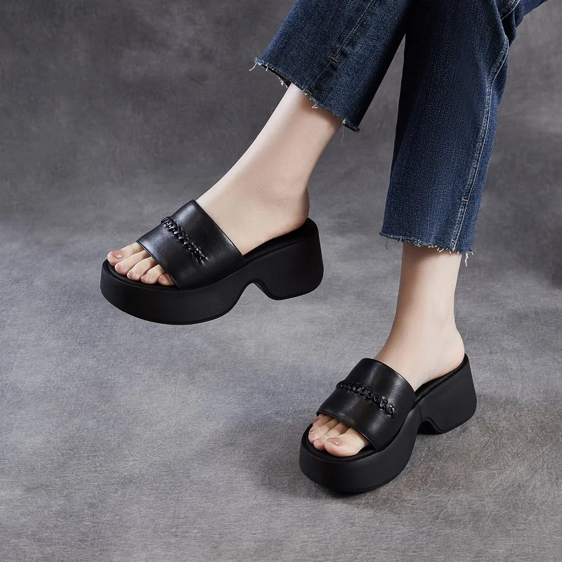 

2026 Women High Heel Slippers Summer New Design Genuine Leather Sheepskin Open Toe Platform Height Increasing Slides