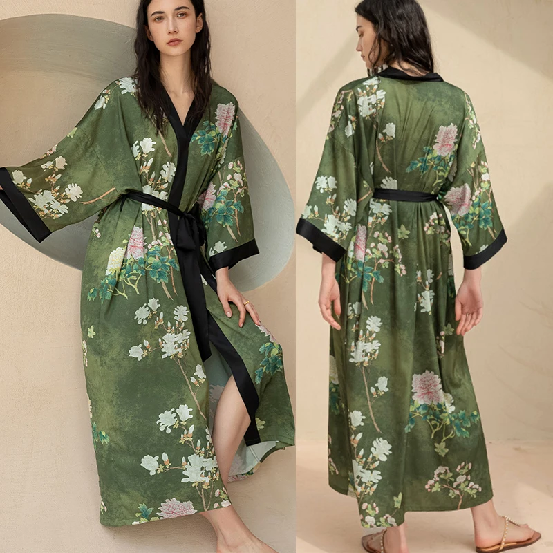 Women Rayon Bathrobe Long Large Size Nightgown Kimono Gown Print Flower Home Clothes New Spring Nightwear Intimate Lingerie