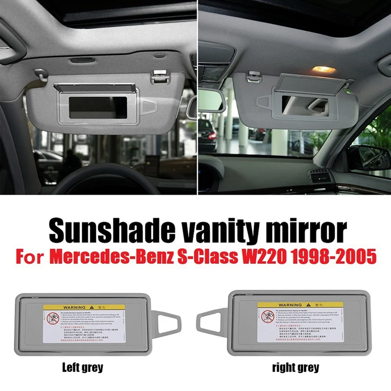 Car Sun Visor Sunroof Mirror Cover Sun Shield Makeup Mirror Cover For Mercedes-Benz S-Class W220 1998-2005 Grey 1 Pair