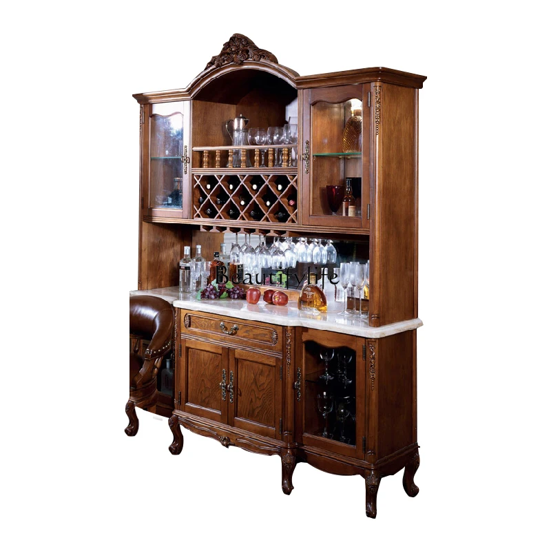 European solid wood wine cabinet American solid wood dining side storage marble cupboard
