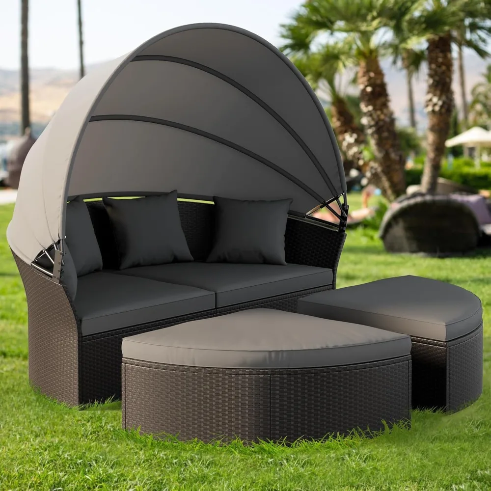 

Round Outdoor Daybed with Cushions and Pillows, Wicker Rattan Patio Day Bed with Retractable Canopy, Sectional Sofa Furniture f