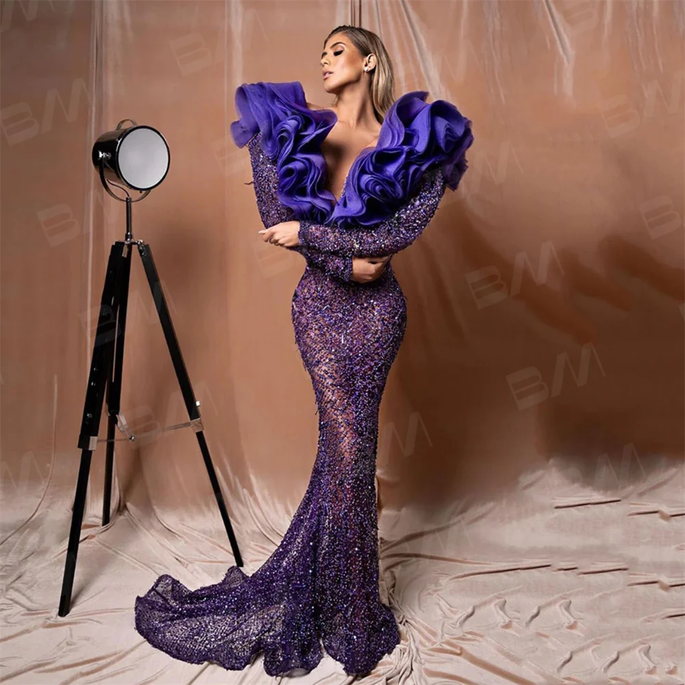 Floral Neckline Illusion Party Dress Long Sleeve Vestidos Prom 2023 Evening Dresses Purple Vestidos De Noche Custom Made