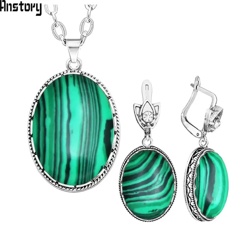 Oval Malachite Necklace Earrings Jewelry Set For Women Vintage Hollow Flower Pendant Stainless Steel Chain Fashion Gift  TS273