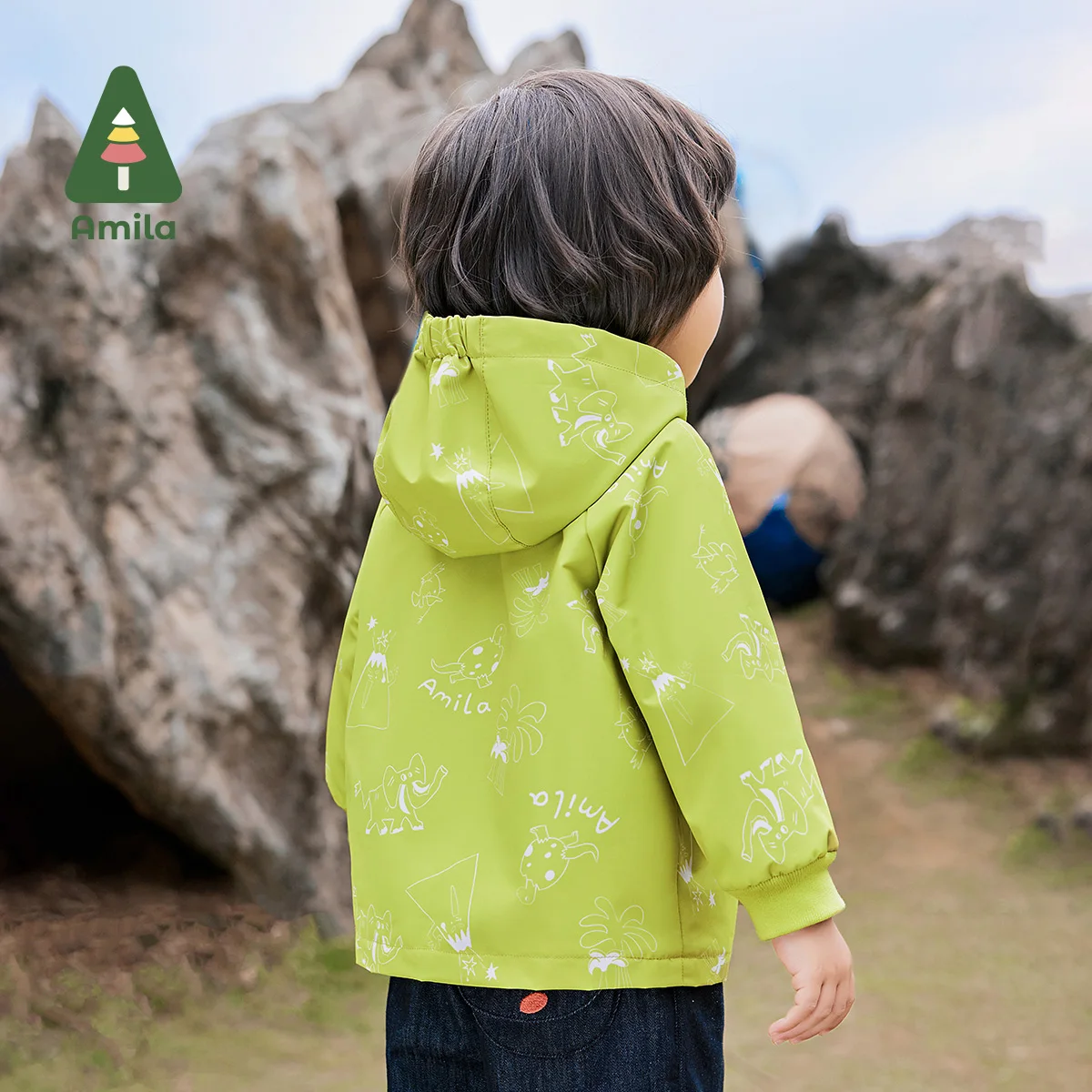 Amila Baby Jacket 2024 Autumn New Boys And Girls Outdoor Three-Proof Hooded Cartoon Full Print Loose Warm Children’s Jacket