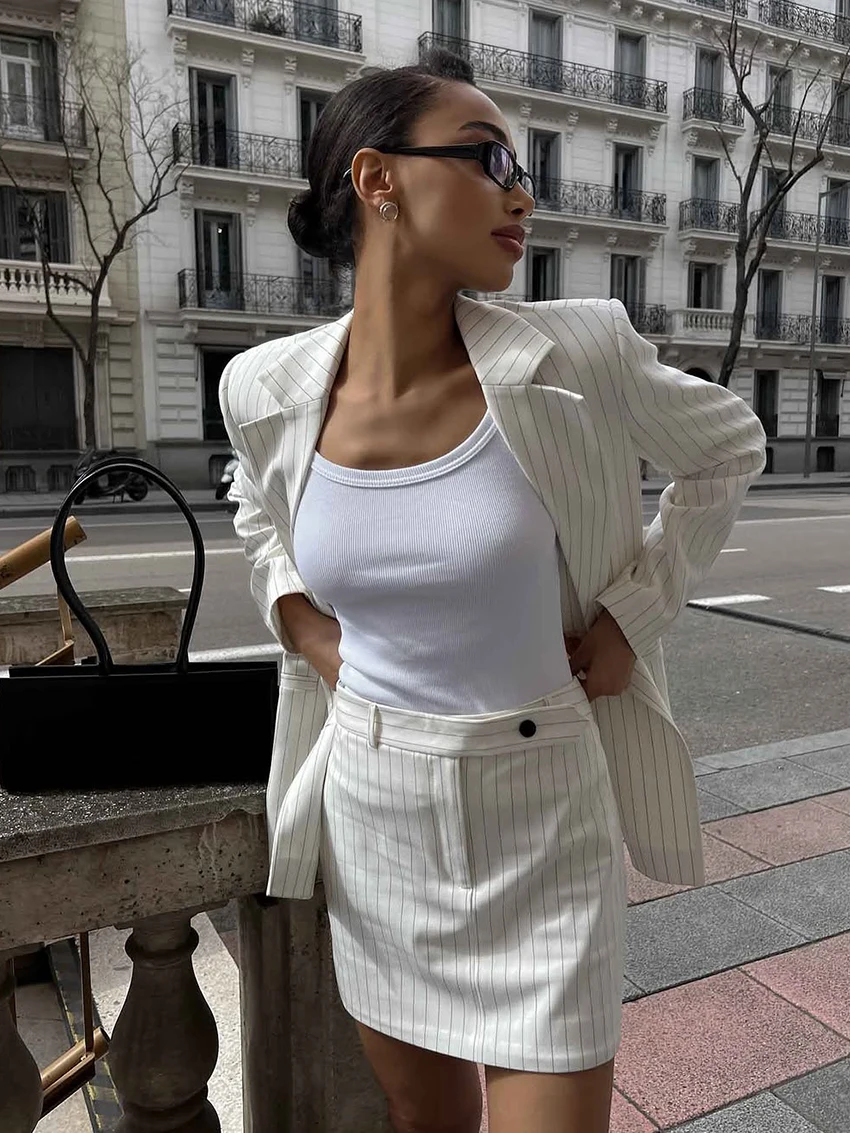 Marthaqiqi Striped Ladies Pajamas Suit Sex Turn-Down Collar Sleepwear Long Sleeve Nightwear Skirts Fashion Female Nightgowns Set