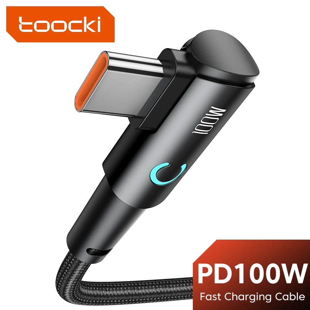 Toocki 90 도 팔꿈치 USB C타입 케이블, 100W 5A 고속 충전 데이터 코드, 화웨이 샤오미 삼성 USB C에서 C타입 케이블 게임용 