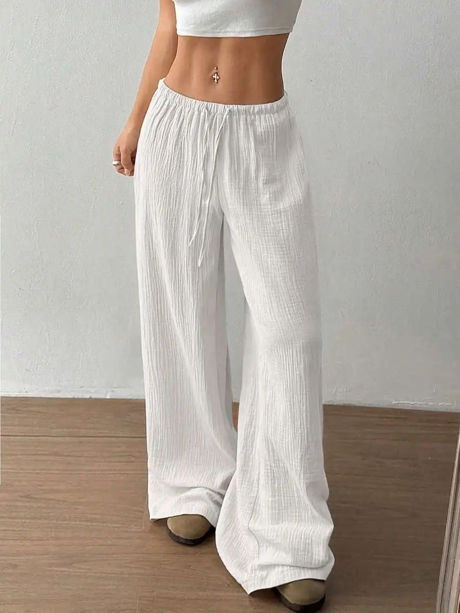 Moda mujer pantalones de pierna ancha sueltos elegante sólido alto cordón de cintura Oficina señora viaje pantalones holgados pantalones de chándal casuales