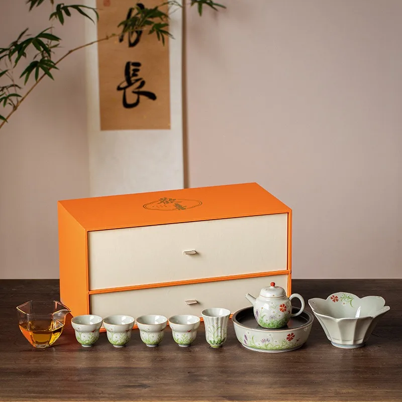 Hand-painted Daisy Ceramic Gaiwan, Teacup, Kung Fu Tea Set Set For Home Use, Tea Reception, High-end Souvenir Gift Box