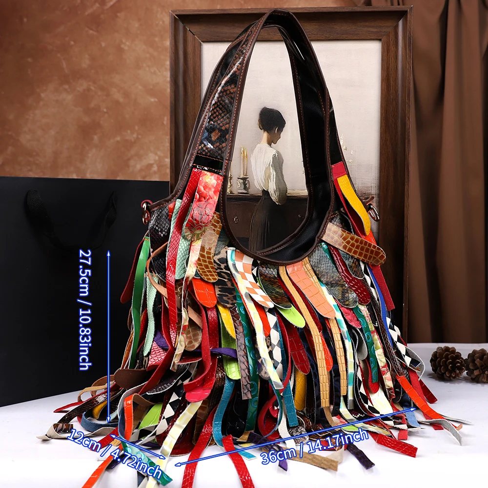 2025 Handcrafted Fringed Genuine Leather Women's Bag Color-Blocking Large-Capacity Single-Shoulder Crossbody Handbag