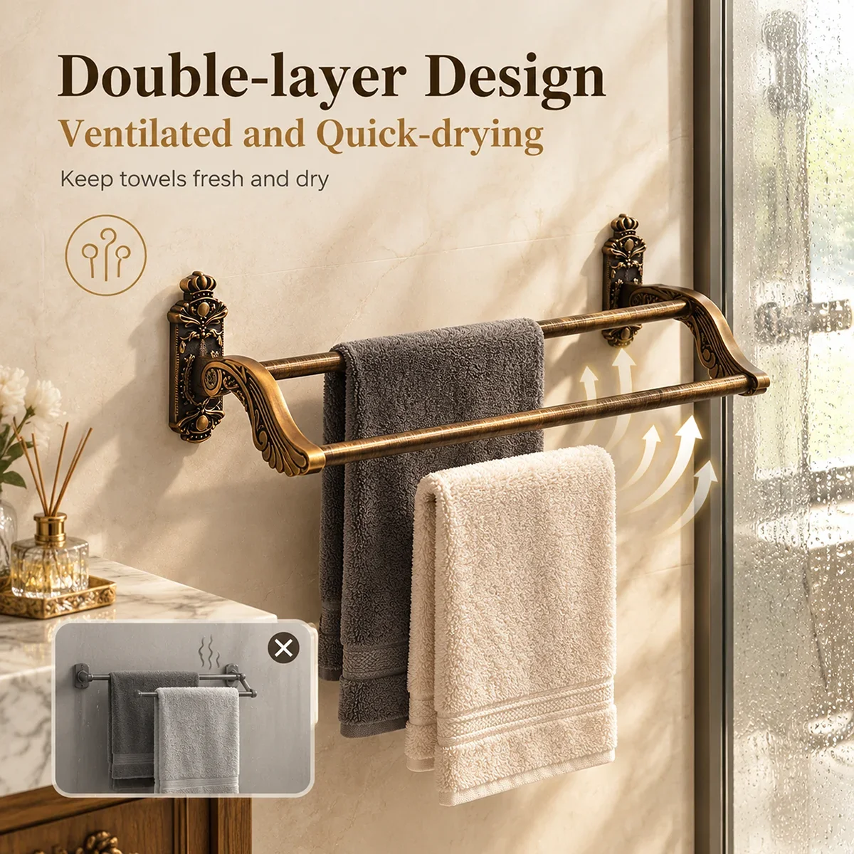 European Crown Carved Double Rod Towel Rack Aluminum Alloy Bathroom Wall Mounted Towel Holder Bronze Double Layer Towel Bar
