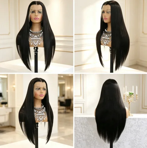 Long Straight Black Lace Front Wig Natural Black Pre Plucked Synthetic HD Lace Front Wig For Women Glueless Heat Resistant Fiber
