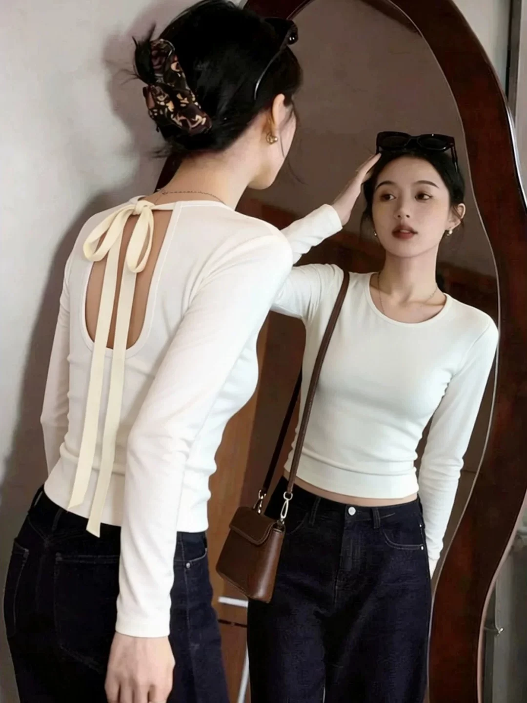Slim Fit Long Sleeve T-Shirt Women's Style U-Neck Backless Tie Design Breathable Sweat Absorbent Short Length Fashionable Top
