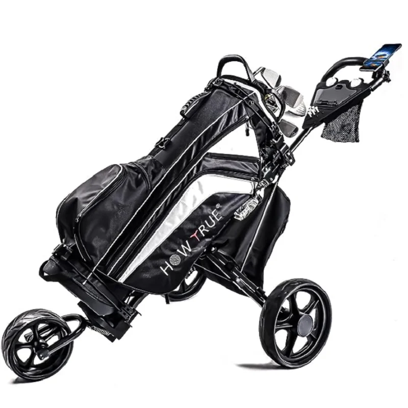 3 Wheels Folding Golf Push cart with Foot Brake & Phone Holder & Waterproof Cooler Bag, Portable Lightweight