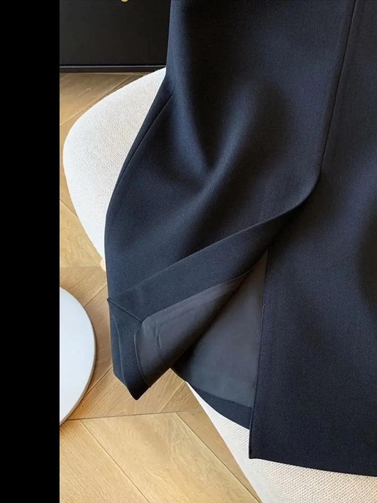 Women's Retro Korean Navy Blazer Pencil Skirt Elegant Back Slit High-waisted Versatile A-line Skirts Slim-fitting Office Ladies