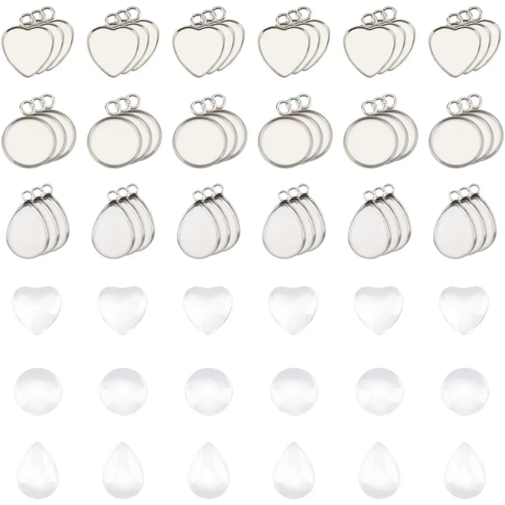 60pcs 3 Styles Stainless Steel Flat Round Pendant Trays Treadrop Blank Pendants Heart Plain Edge Bezel Cups with Glass