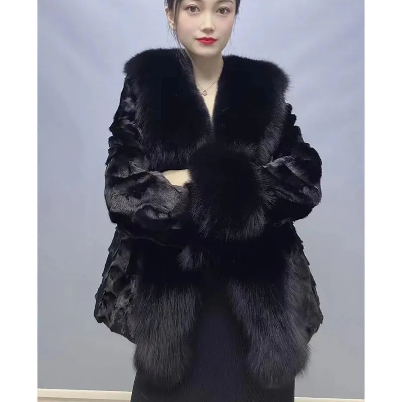 New Winter High end Mink Fox Fur Grass Coat Women's Mid length Women's Fur Coat 2024