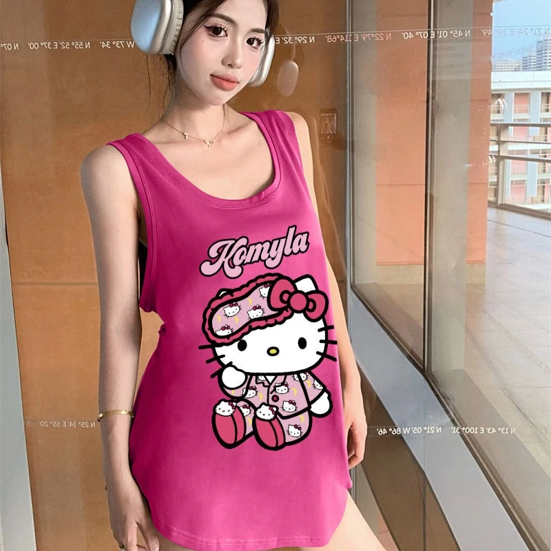 

Newest Summer Women Big Yards Colorful Bottoming Shirt Sleeveless U-Shape Vest Loose Plus Size Hello Kitty Casual Womens Tank