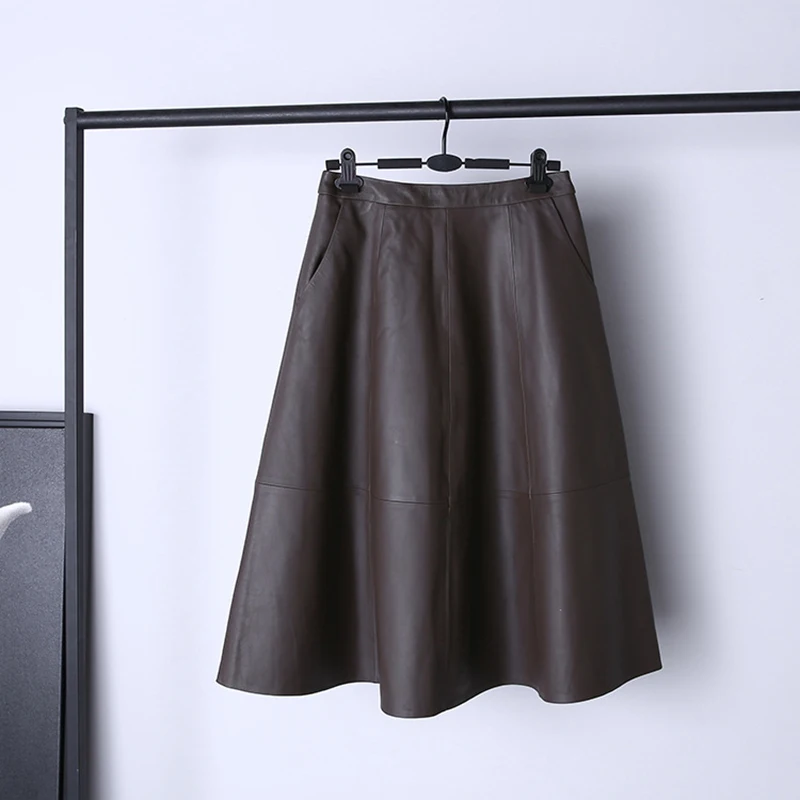 Ombrello Gonne Donna Vera Pelle Vita alta Orlo grande Tre colori Abito di media lunghezza Mujer Pelle di pecora A-line Faldas Cortas