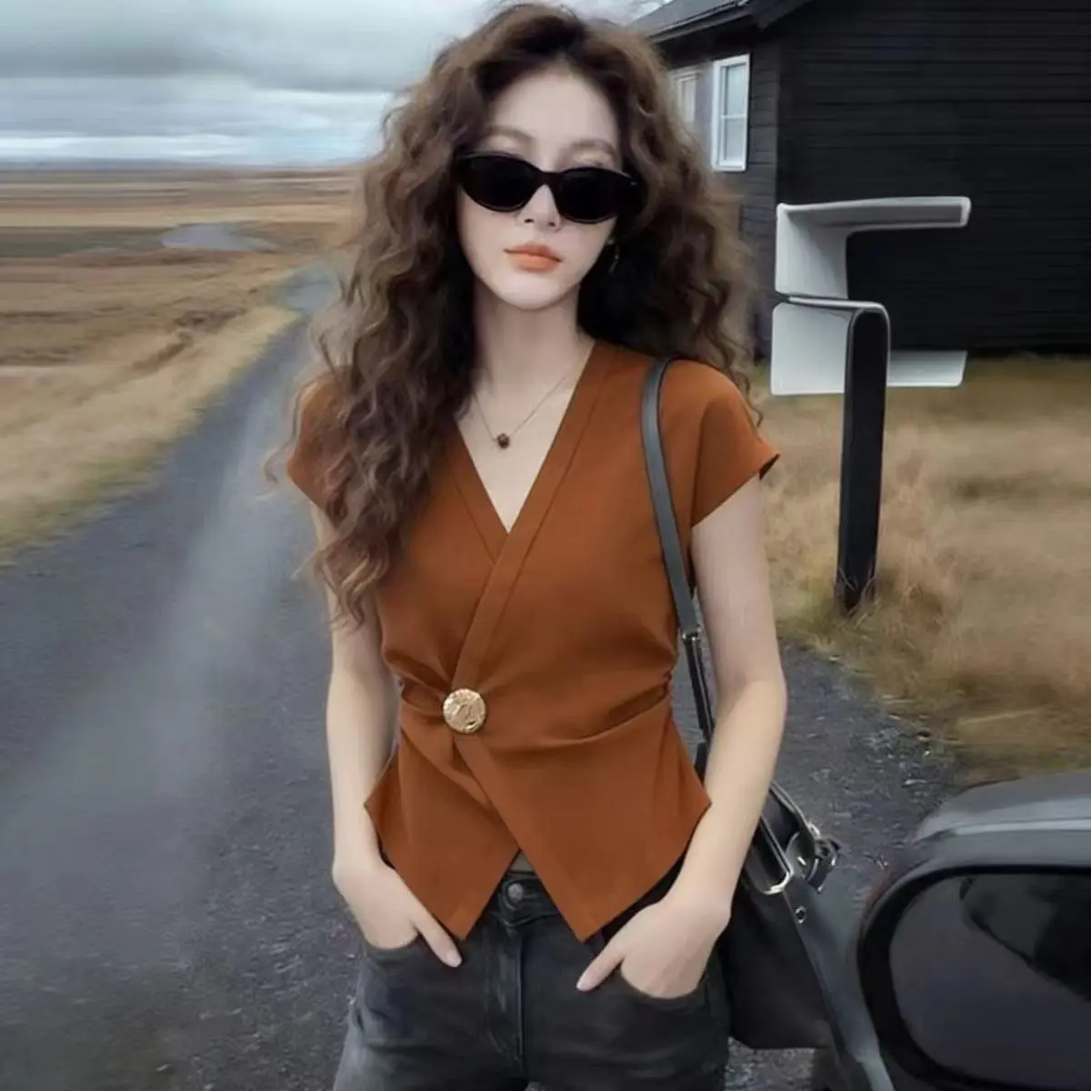 Old Money Style V Neck Wrap Waist Irregular Short Sleeve Tee Slim Elegant Daily Blouse