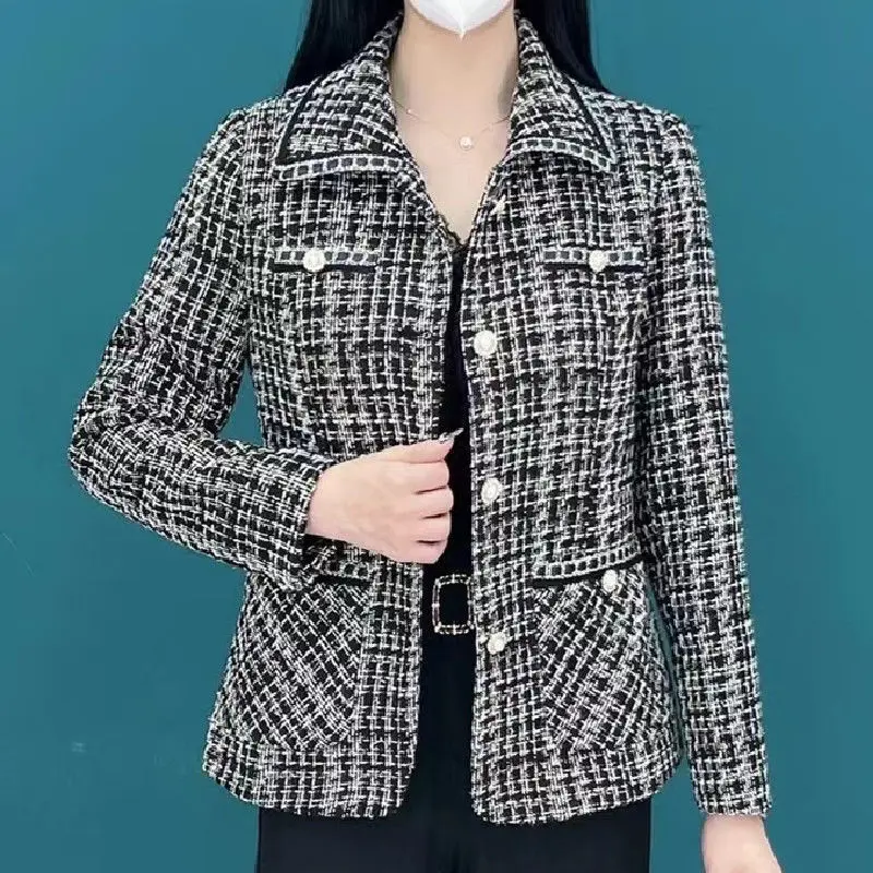 Autumn Winter Fashion Short Small Fragrant Coats Printed Plaid Patchwork Button Pocket Fashion Simple Korean Cardigan Jackets