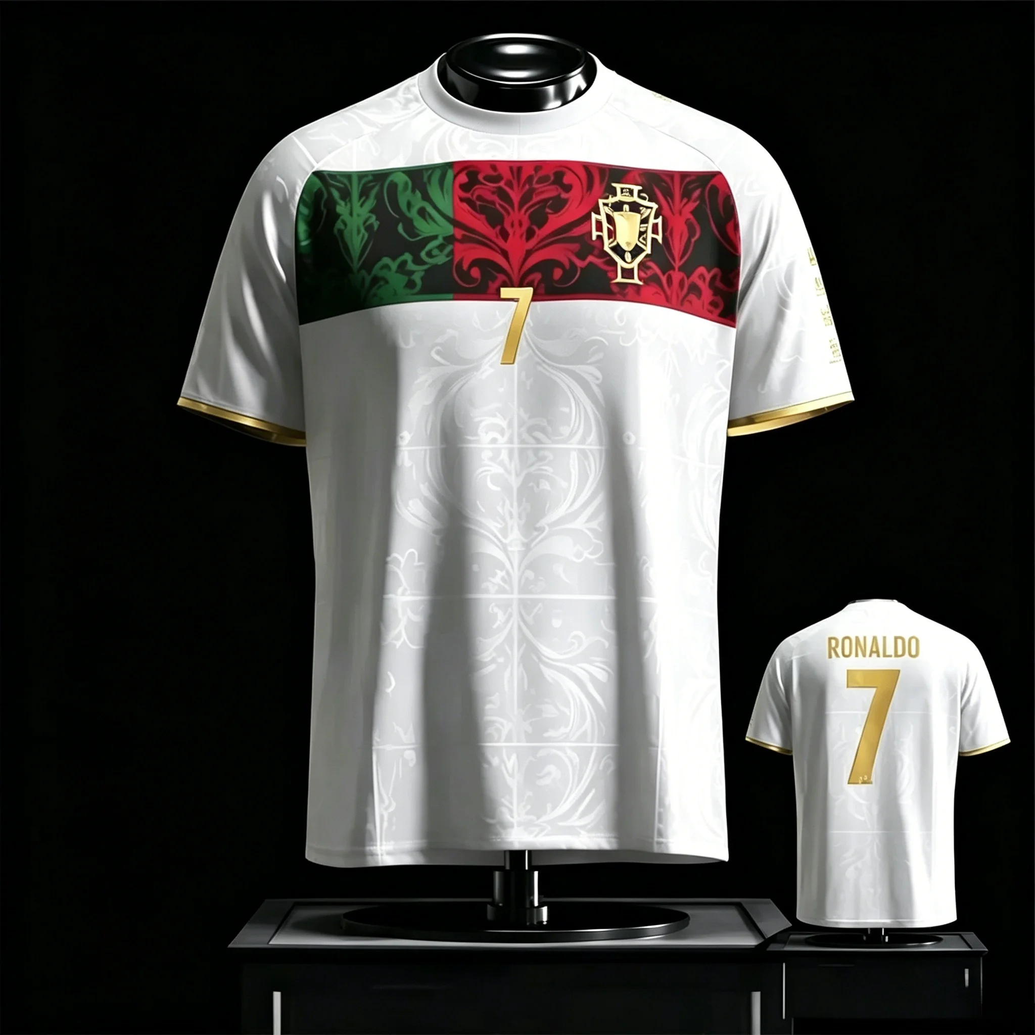 Summer Ronaldo's Unisex Portugal Soccer Jersey Mint Wave Print Front No.7 Back Digit Red Cuffs Crest Crest Fan Football Shirt