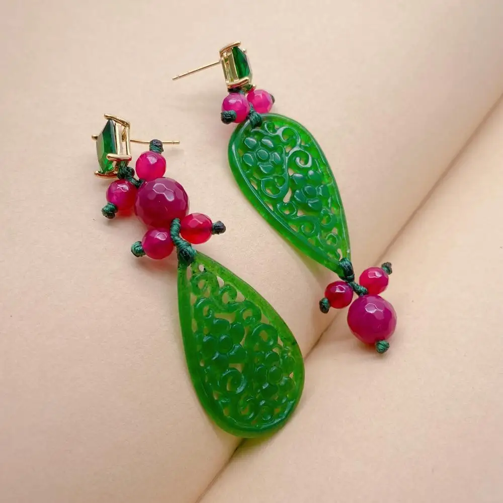 

YYGEM 22x40mm Carved hollow-out Green Jade 6mm-8mm Fuchsia Agate Green Rhinestone Stud Drop Earrings
