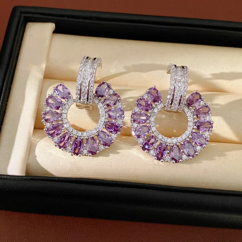 

Pink Purple Zircon Hoop Earrings Light Luxury Heavy Diamond Inlaid Women Commute Dating Party Versatile Stud Earrings
