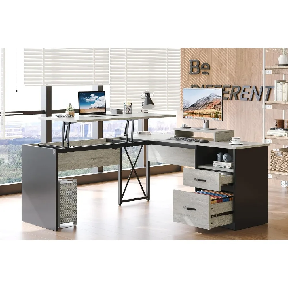 

Lift Top L Shaped Desk with File Drawer, 55'' x 55'' Office Desk with Reversible Storage Drawers, L Shaped Standing Desk