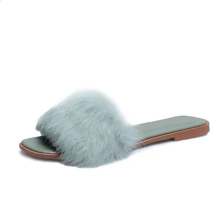 Slippers Casual Shoes For Girls Big Size Rubber Flip Flops Slides Fur Sliders Slipers Women Square Toe Low Luxury Lady Flat Summ