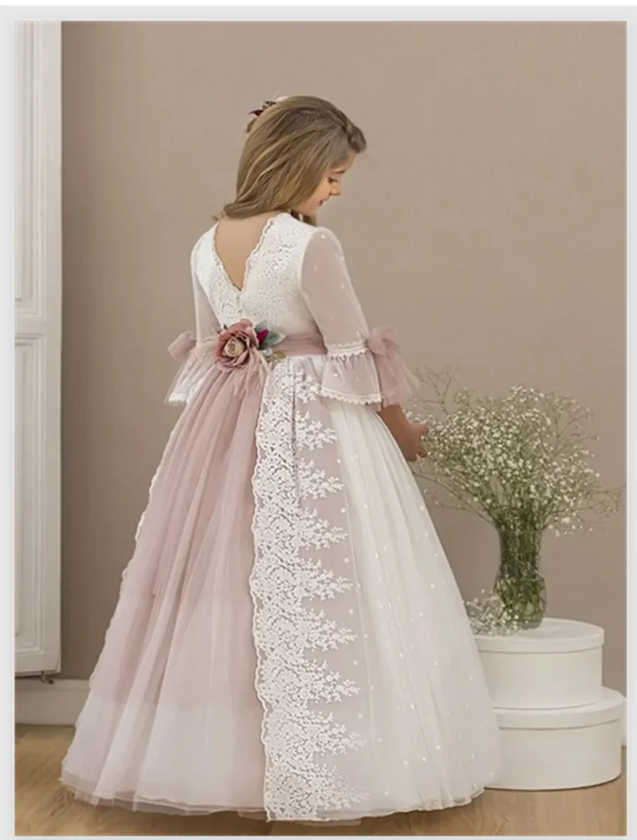 Pink Flower Girl Dresses Tulle Puffy Tiered Flory Pattern Long Sleeve For Wedding Birthday Party First Communion Gowns