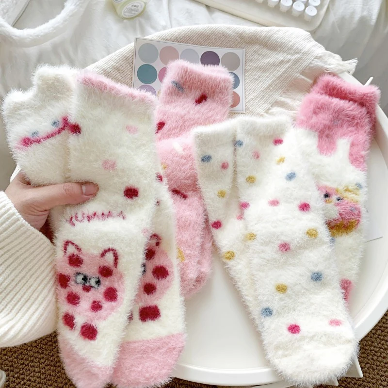 

Japanese Kawaii Cute Socks Autumn Winter Thicken Warm Soft Plush Women Socks Coral Fleece Thermal Homewear Floor Sleeping Socks