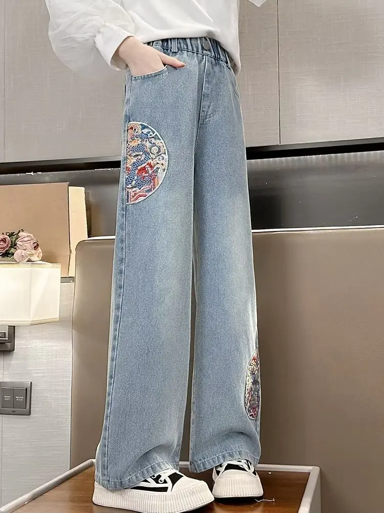 

Girls' Jeans Spring And Summer New Style Children's Straight-leg Medium And Large Children's Wide-leg Spring Loose Trousers