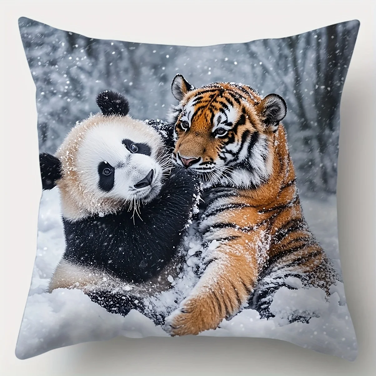 Unique Animal Style Pillow Covers, Panda & Tiger Cuddling in Snow Print Cushion Cases, Warm Wildlife Home Decor for Living Room