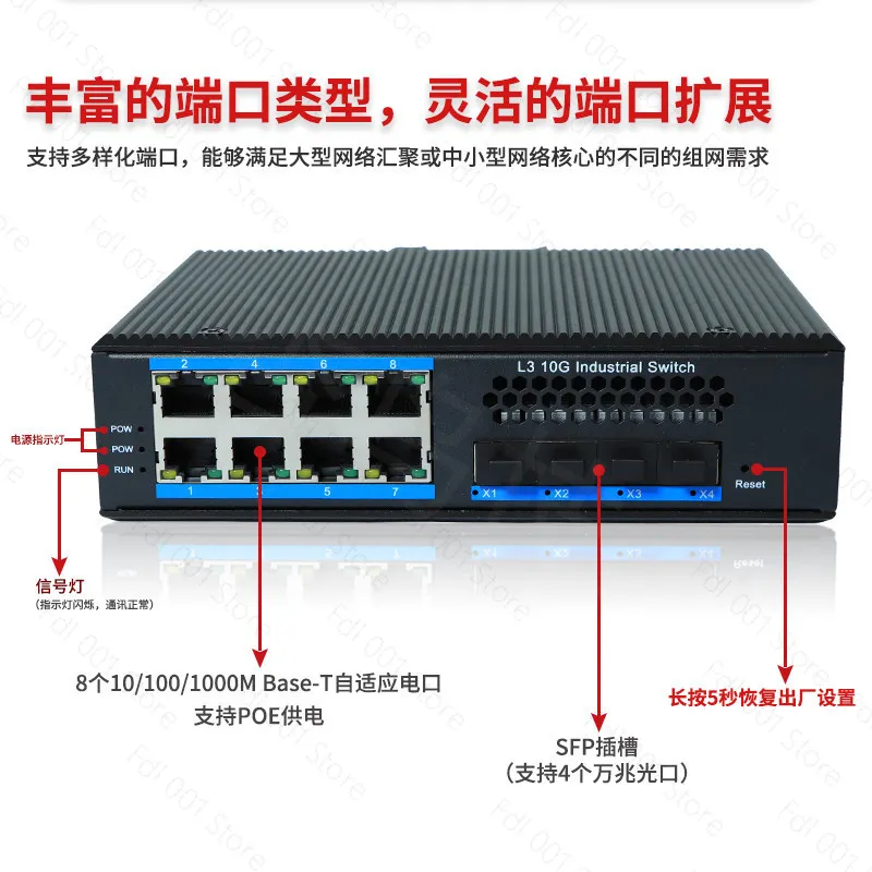 Managed 10G L3 Industrial Switch 4 Optical 4 Electric 4 Optical 8 Electric Ring Network Rail Type