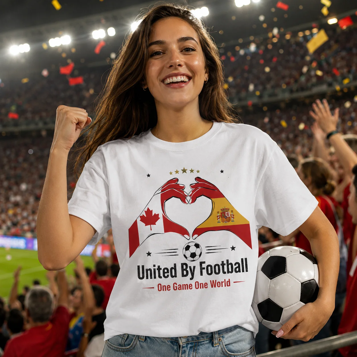 Dual Flag T Shirt Heart Hands United By Football Heart Hands Print Casual Tee For Stadium Cheering