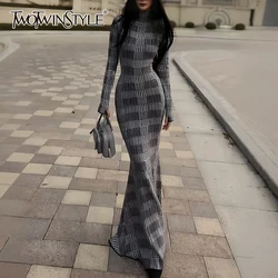 TWOTWINSTYLE Colorblock Slimming Fashion Dresses for Women High Neck Long Neck Patchwork Stripe Dress Female Clothing Style New
